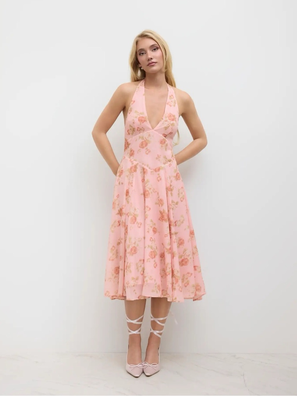Cider MESH HALTER NECKLINE FLORAL RUFFLE MIDI DRESS